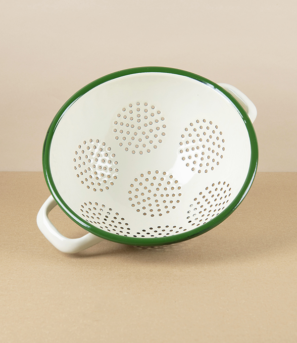 Romanian Enamel Freestanding Colander with Green Rim