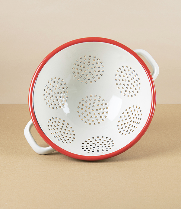 Romanian Enamel Freestanding Colander with Scarlet Rim