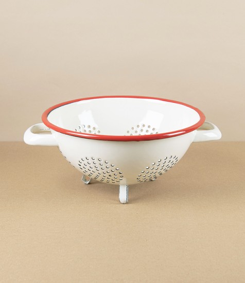 Romanian Enamel Freestanding Colander with Scarlet Rim
