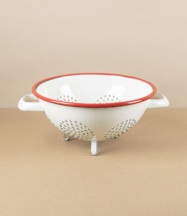 Romanian Enamel Freestanding Colander with Scarlet Rim