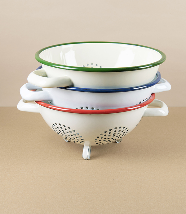 Romanian Enamel Freestanding Colander with Navy Rim