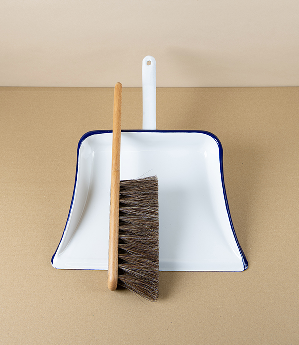 Romanian Enamel Dustpan with Hand-Painted Navy Rim