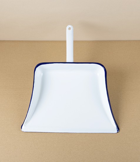 Romanian Enamel Dustpan with Hand-Painted Navy Rim
