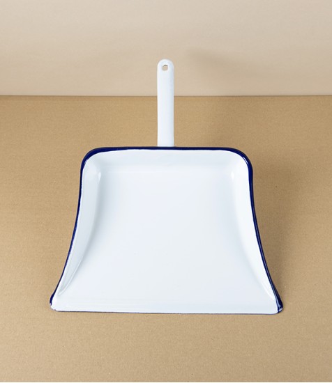 Romanian Enamel Dustpan with Hand-Painted Navy Rim