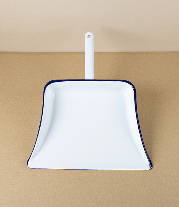 Romanian Enamel Dustpan with Hand-Painted Navy Rim