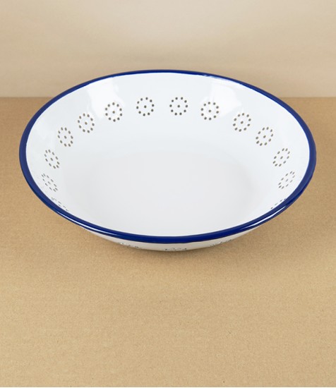 Romanian Enamel Basket for Fruit with Hand-Painted Navy Rim