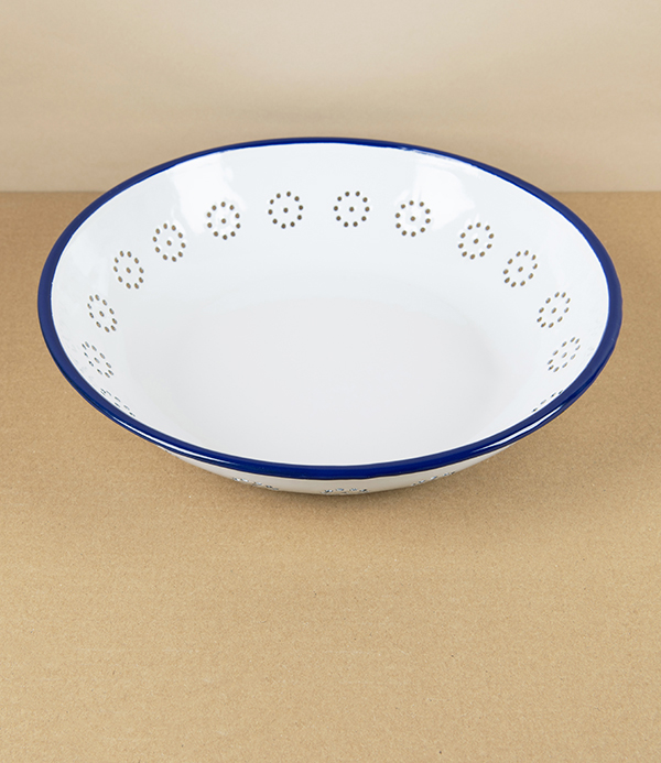 Romanian Enamel Basket for Fruit with Hand-Painted Navy Rim