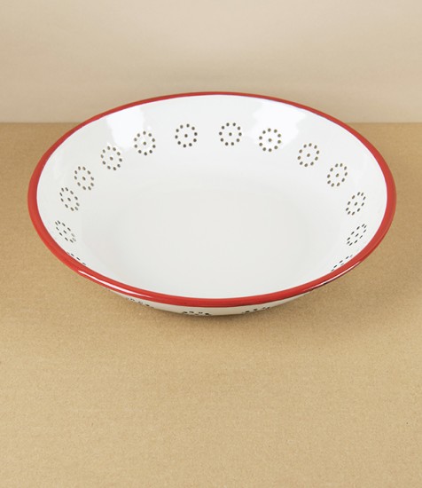 Romanian Enamel Basket for Fruit with Hand-Painted Scarlet Rim