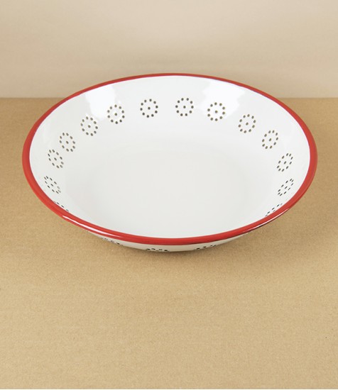 Romanian Enamel Basket for Fruit with Hand-Painted Scarlet Rim