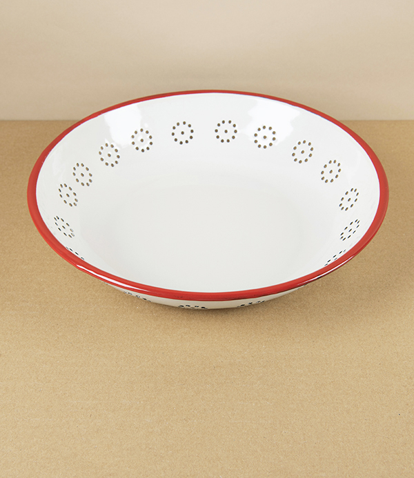 Romanian Enamel Basket for Fruit with Hand-Painted Scarlet Rim