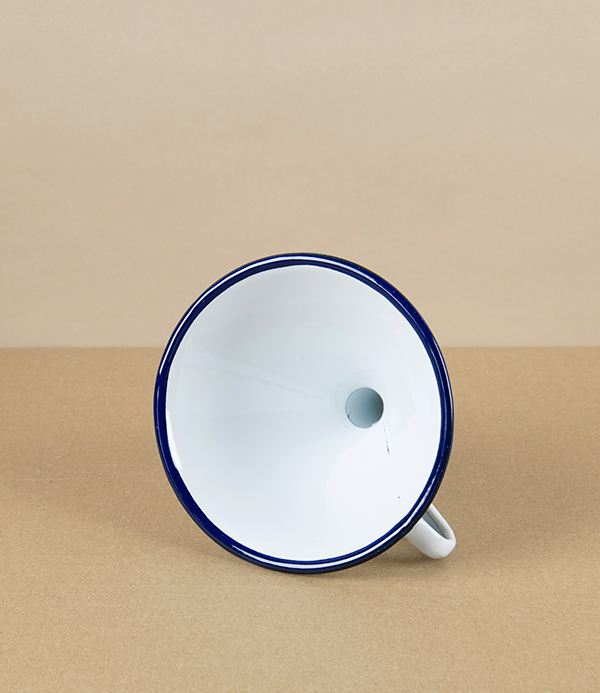 Romanian Enamel Funnel with Hand-Painted Navy Rim