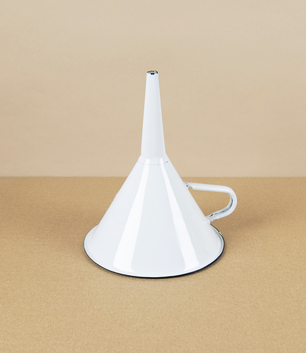 Romanian Enamel Funnel with Hand-Painted Navy Rim