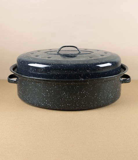 Romanian Enamel Lidded Cocotte or Roaster, Speckled Black
