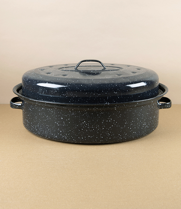 Romanian Enamel Lidded Cocotte or Roaster, Speckled Black