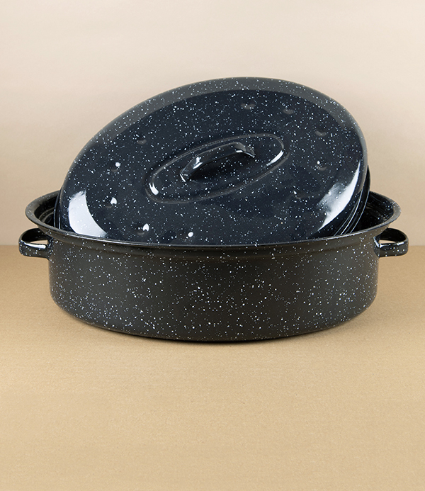 Romanian Enamel Lidded Cocotte or Roaster, Speckled Black