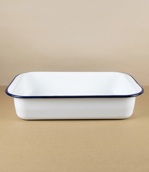 Romanian Enamel Roasting Pan with Hand-Painted Navy Rim