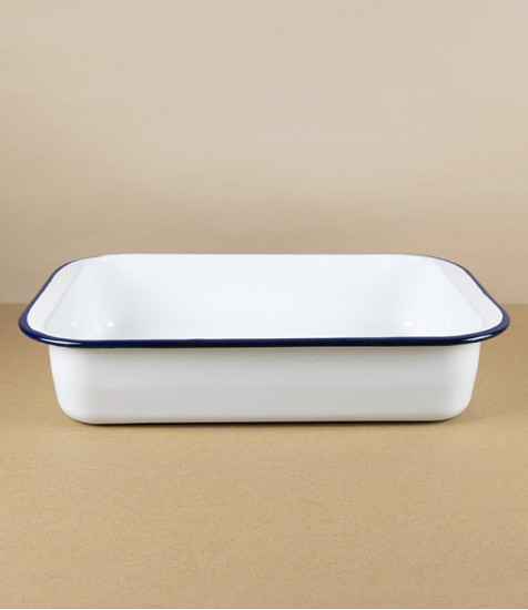 Romanian Enamel Roasting Pan with Hand-Painted Navy Rim