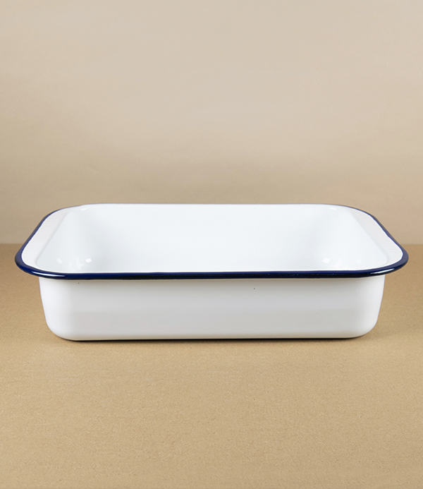 Romanian Enamel Roasting Pan with Hand-Painted Navy Rim