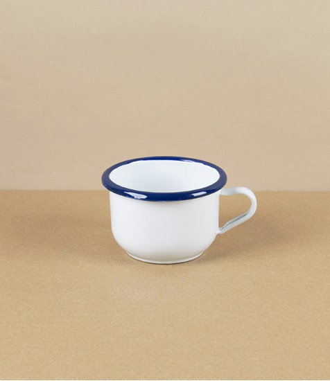 Romanian Enamel Cup with Hand-Painted Navy Rim