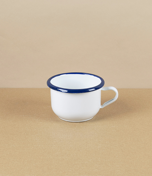 Romanian Enamel Cup with Hand-Painted Navy Rim