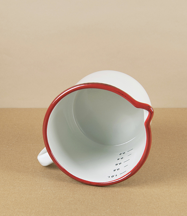 Romanian Enamel Measuring Jug with Hand-Painted Scarlet Rim