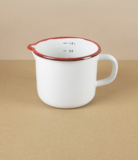 Romanian Enamel Measuring Jug with Hand-Painted Scarlet Rim