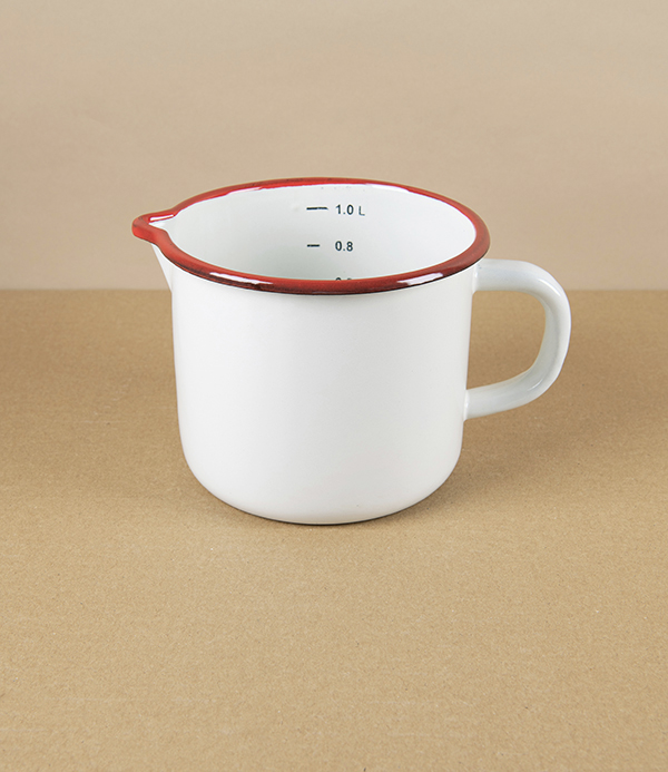 Romanian Enamel Measuring Jug with Hand-Painted Scarlet Rim