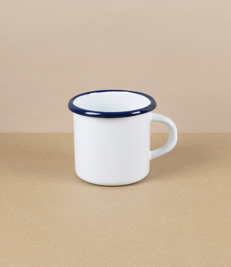 Romanian Enamel Mug with Hand-Painted Navy Rim