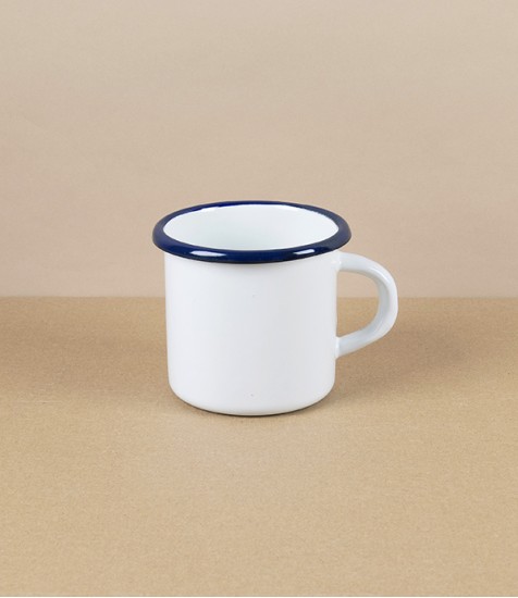 Romanian Enamel Mug with Hand-Painted Navy Rim