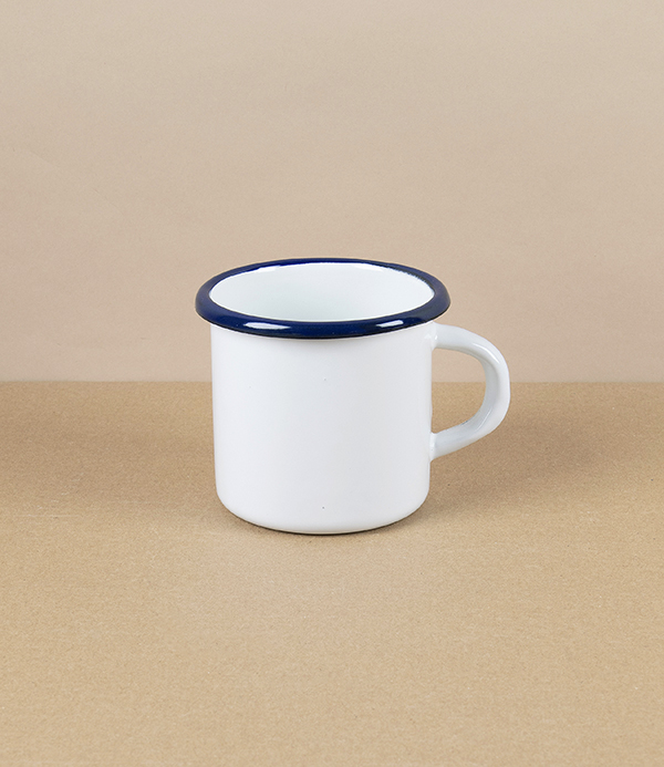 Romanian Enamel Mug with Hand-Painted Navy Rim