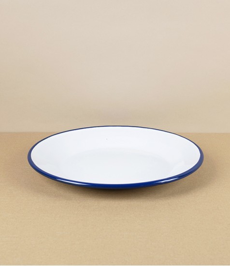 Romanian Enamel Plate with Hand-Painted Navy Rim, 24cm