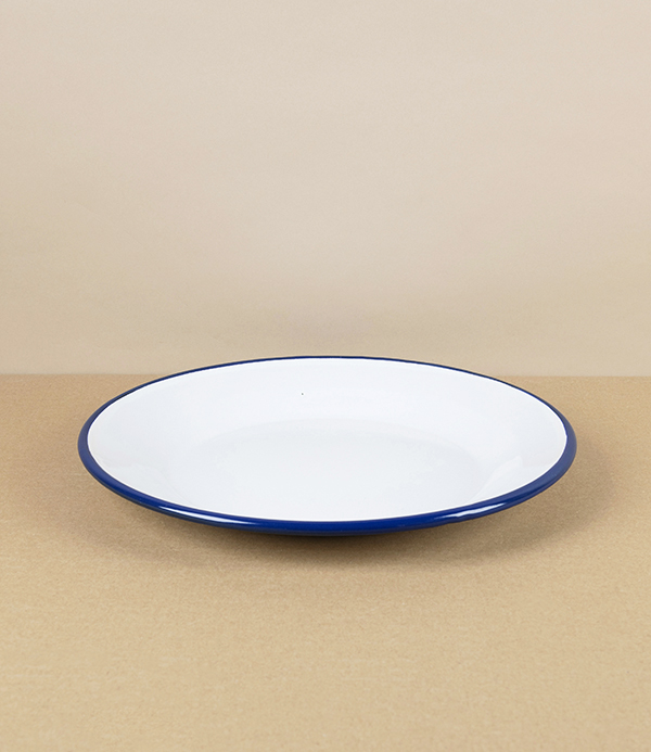 Romanian Enamel Plate with Hand-Painted Navy Rim, 24cm