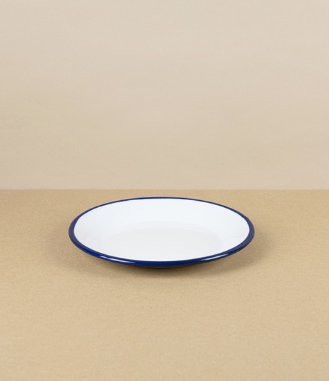 Romanian Enamel Plate with Hand-Painted Navy Rim, 18cm