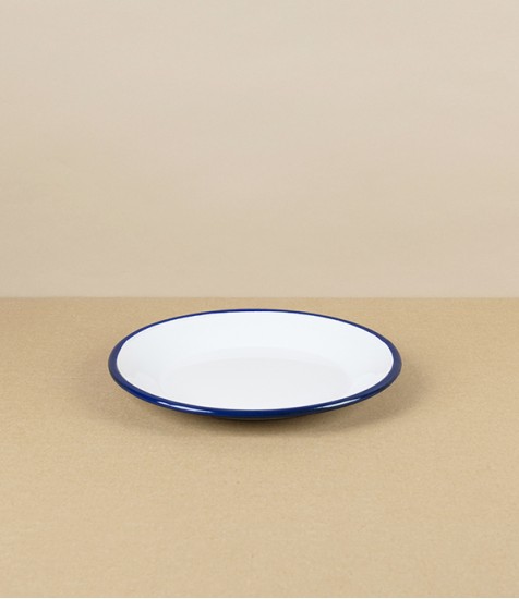 Romanian Enamel Plate with Hand-Painted Navy Rim, 18cm