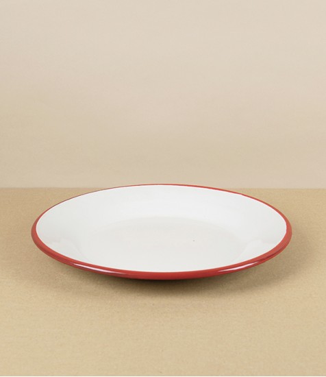 Romanian Enamel Plate with Hand-Painted Scarlet Rim, 24cm