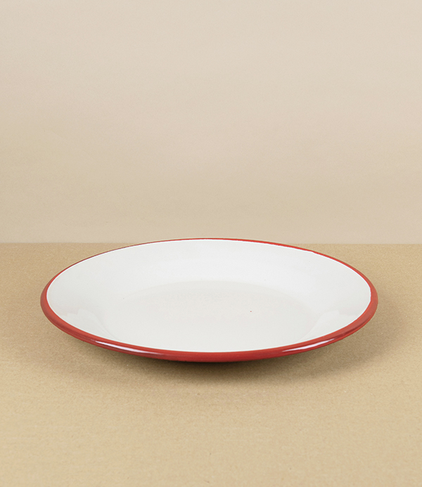 Romanian Enamel Plate with Hand-Painted Scarlet Rim, 24cm