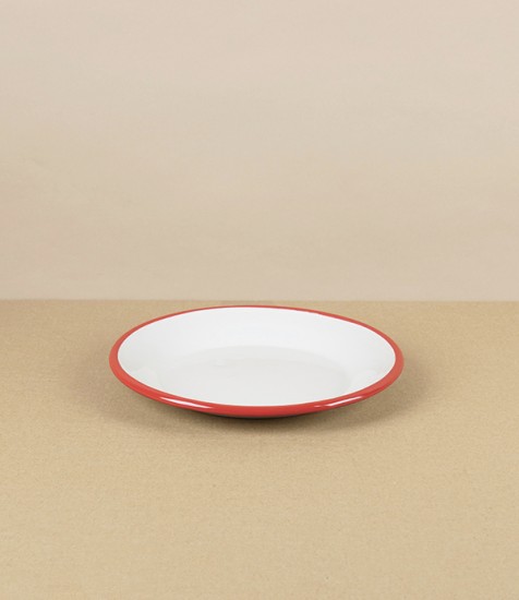 Romanian Enamel Plate with Hand-Painted Scarlet Rim, 18cm