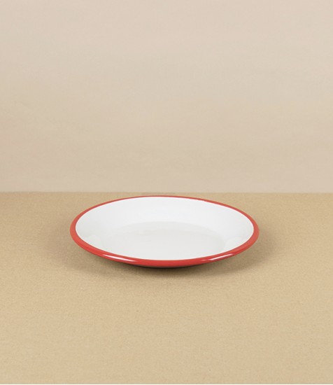 Romanian Enamel Plate with Hand-Painted Scarlet Rim, 18cm