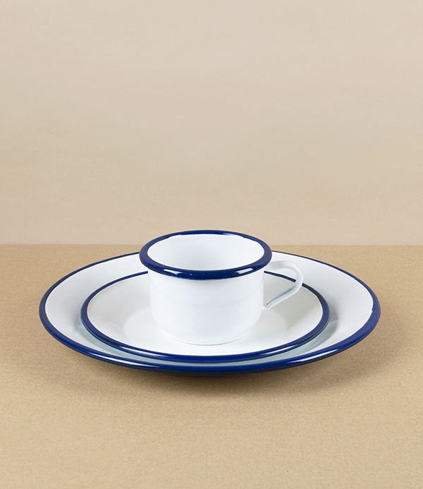 Romanian Enamel Cup with Hand-Painted Navy Rim