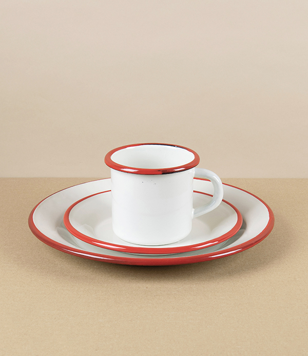 Romanian Enamel Mug with Hand-Painted Scarlet Rim