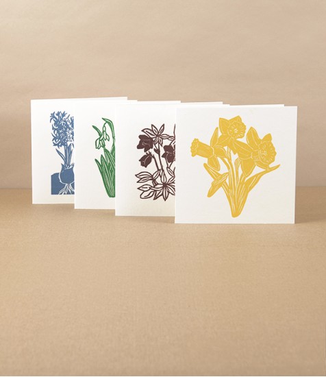 Linocut Greetings Cards, Set of 4, ‘Spring’