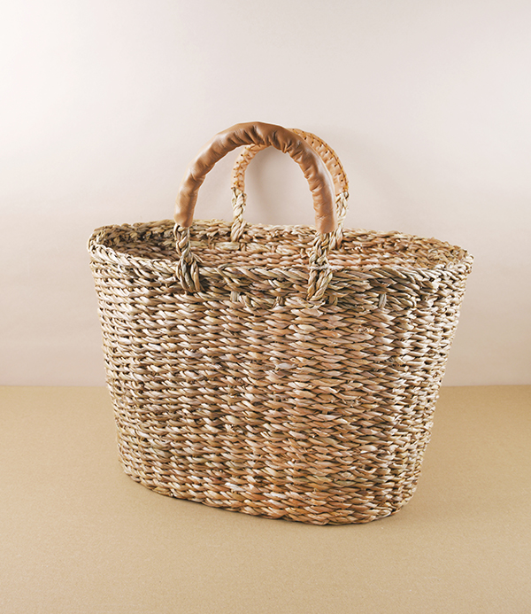 Woven Seagrass Basket with Leather Handles