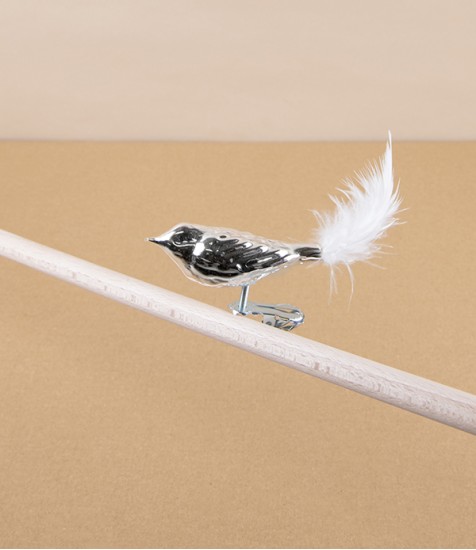 Mouth-Blown Glass Silver Bird with Feather Tail