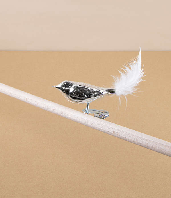 Mouth-Blown Glass Silver Bird with Feather Tail