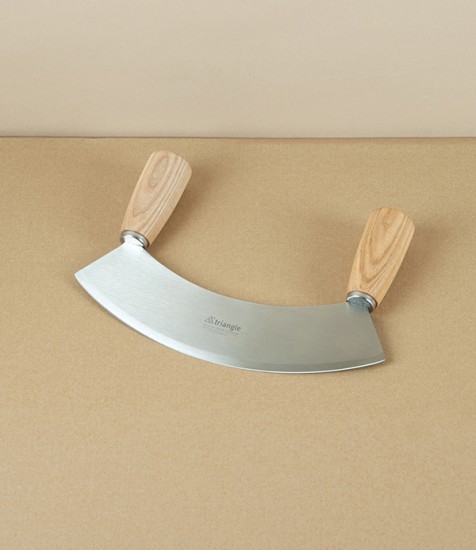 Triangle Stainless Steel Mezzaluna or Mincing Knife, Ash Handled