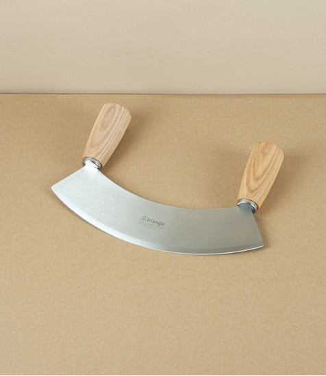 Triangle Stainless Steel Mezzaluna or Mincing Knife, Ash Handled