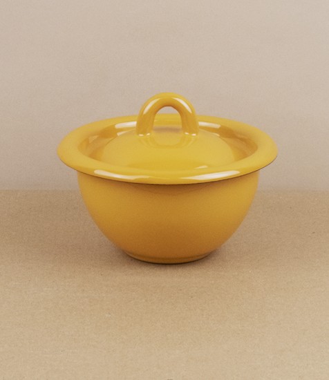 Ukrainian lidded enamel bowl, 10cm, yellow