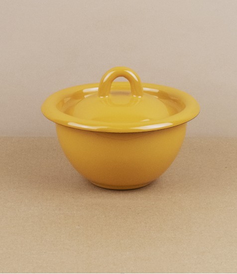 Ukrainian lidded enamel bowl, 10cm, yellow