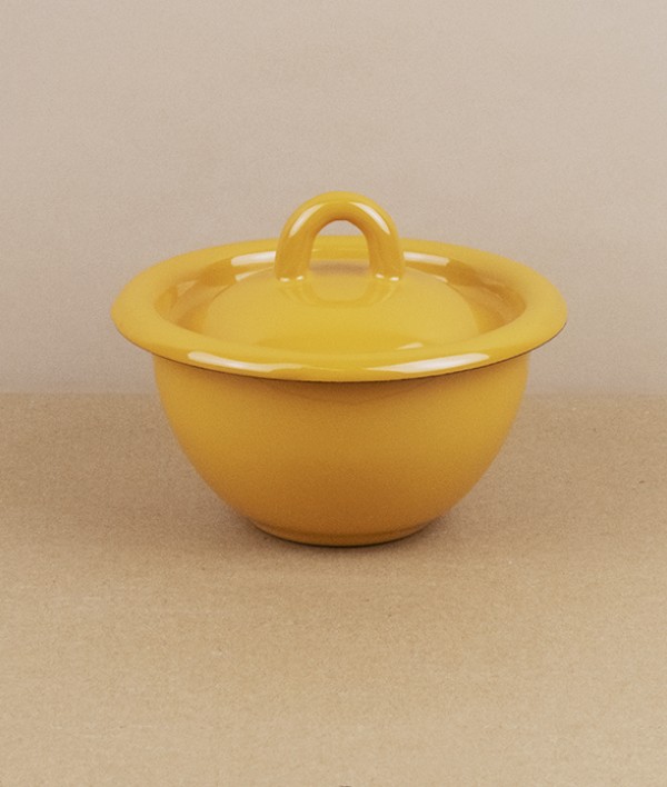Ukrainian lidded enamel bowl, 10cm, yellow
