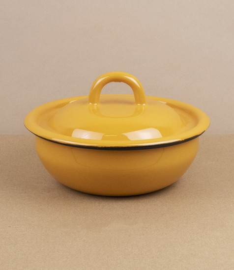 Ukrainian lidded enamel bowl, 14cm, yellow